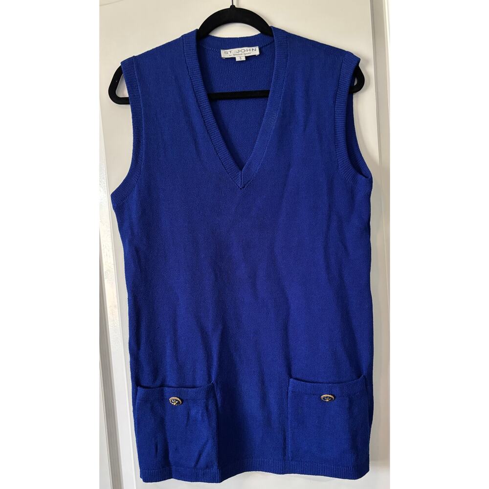 St. John Collection V-Neck Santana Knit Royal Blue Long Vest Size Small Pockets